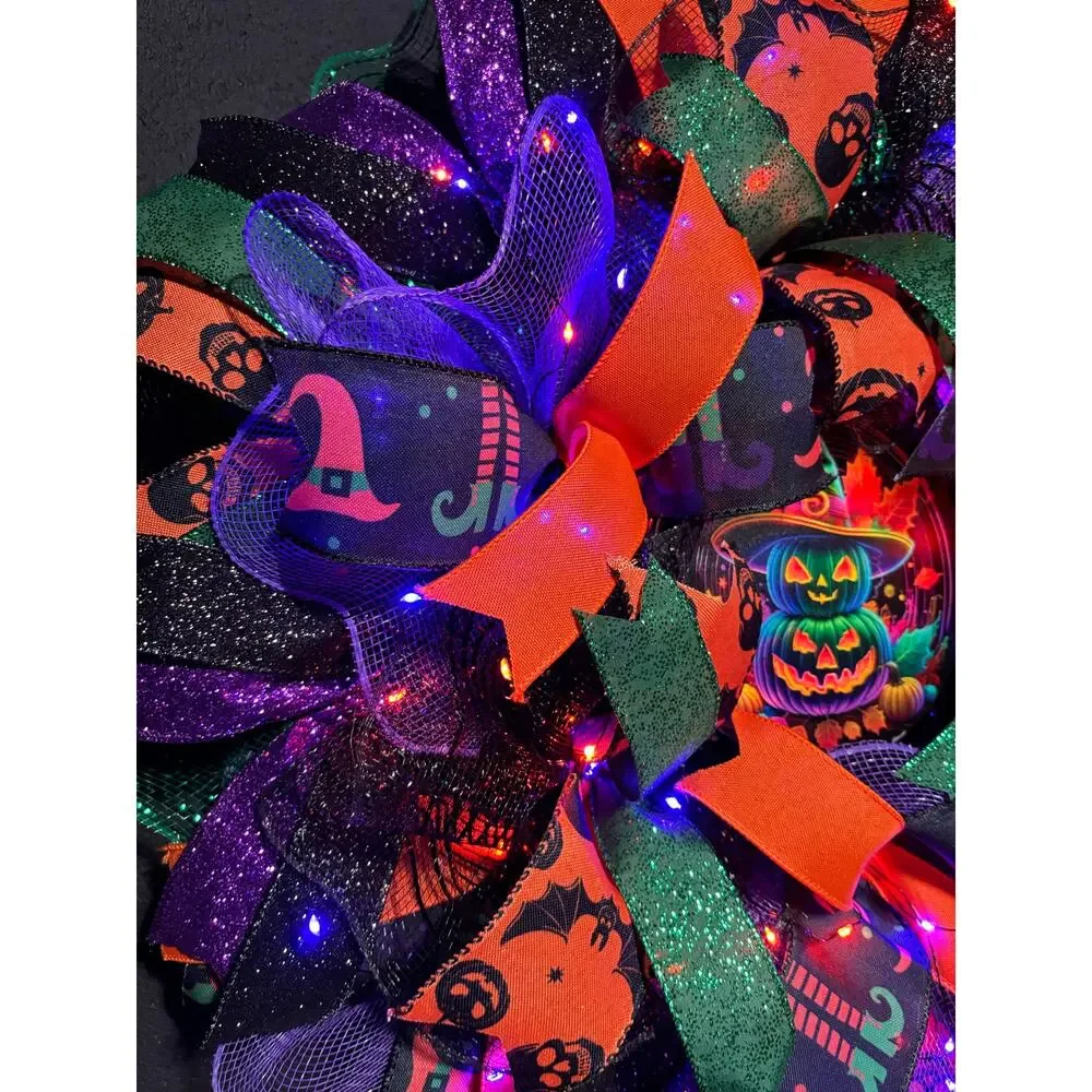 Pre Lit Halloween Wreath Glowing Pumpkin Light Up 24 Inch Handmade Deco Mesh